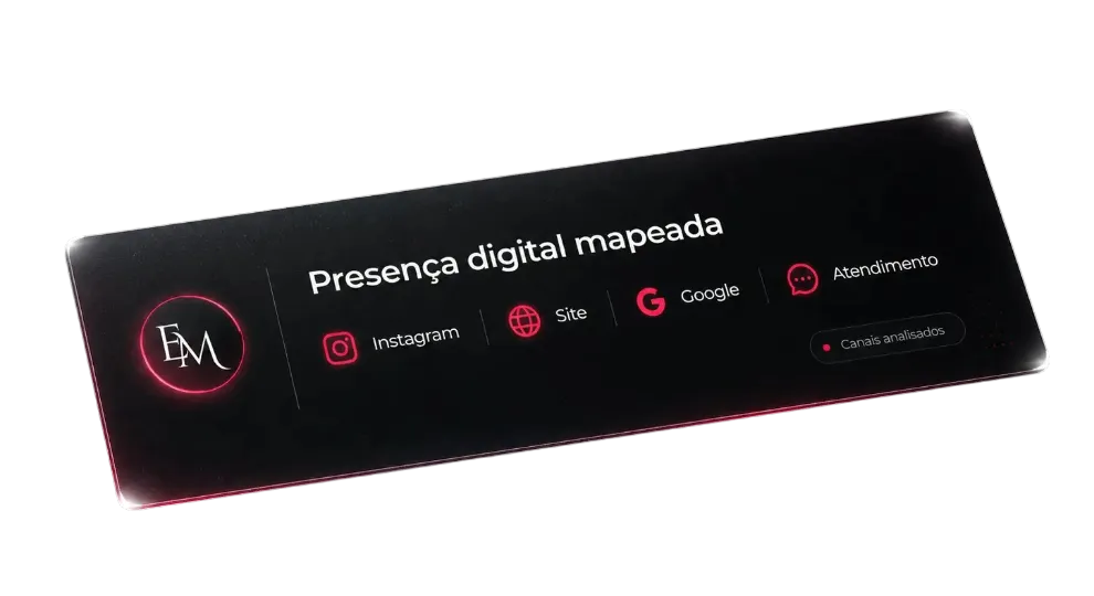 Presença digital mapeada: Instagram, site, Google e atendimento.